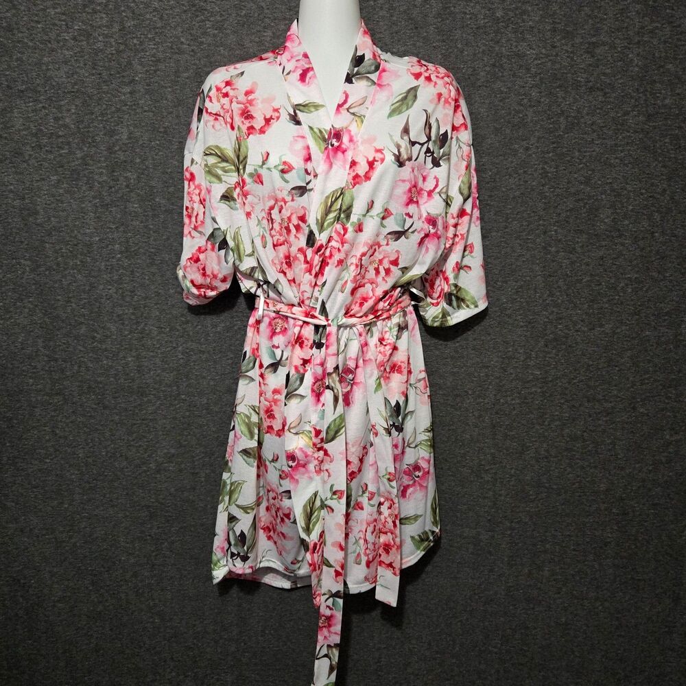 Show Me Your MuMu Robe Womens One Size White Pink Floral Belted Cover Up Topper